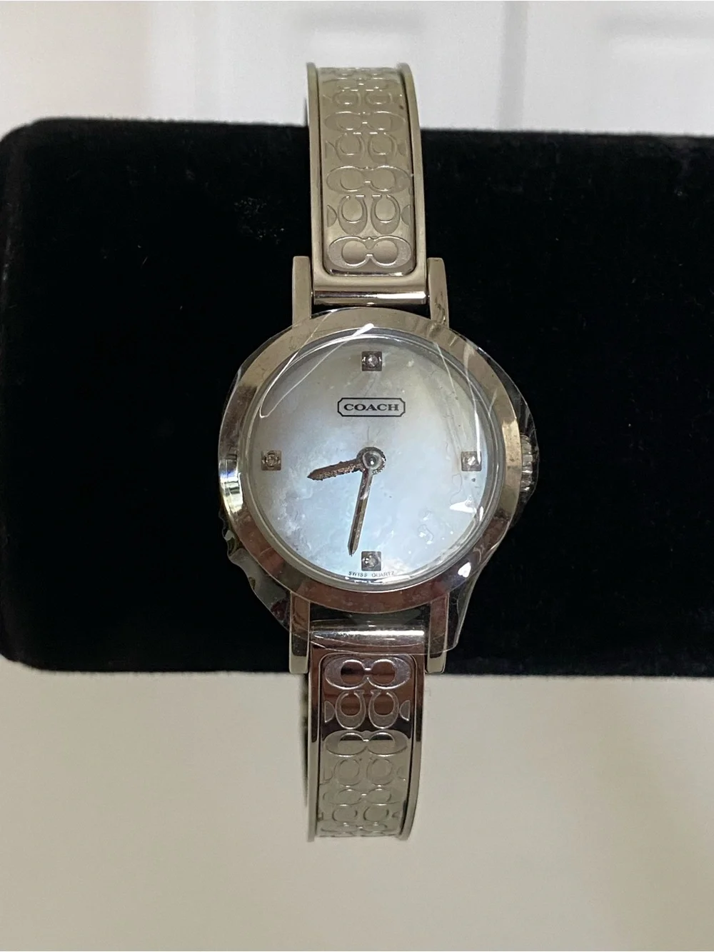 Coach Signature 0277 Silver Bangle Watch with Crystals and Mother-of-Pearl Dial
